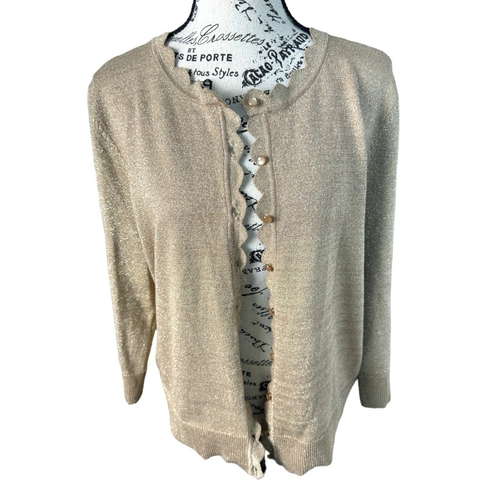 Women’s Cable and Gauge Gold Metallic Scalloped Edge Cardigan Sweater Size Large - Picture 3 of 9